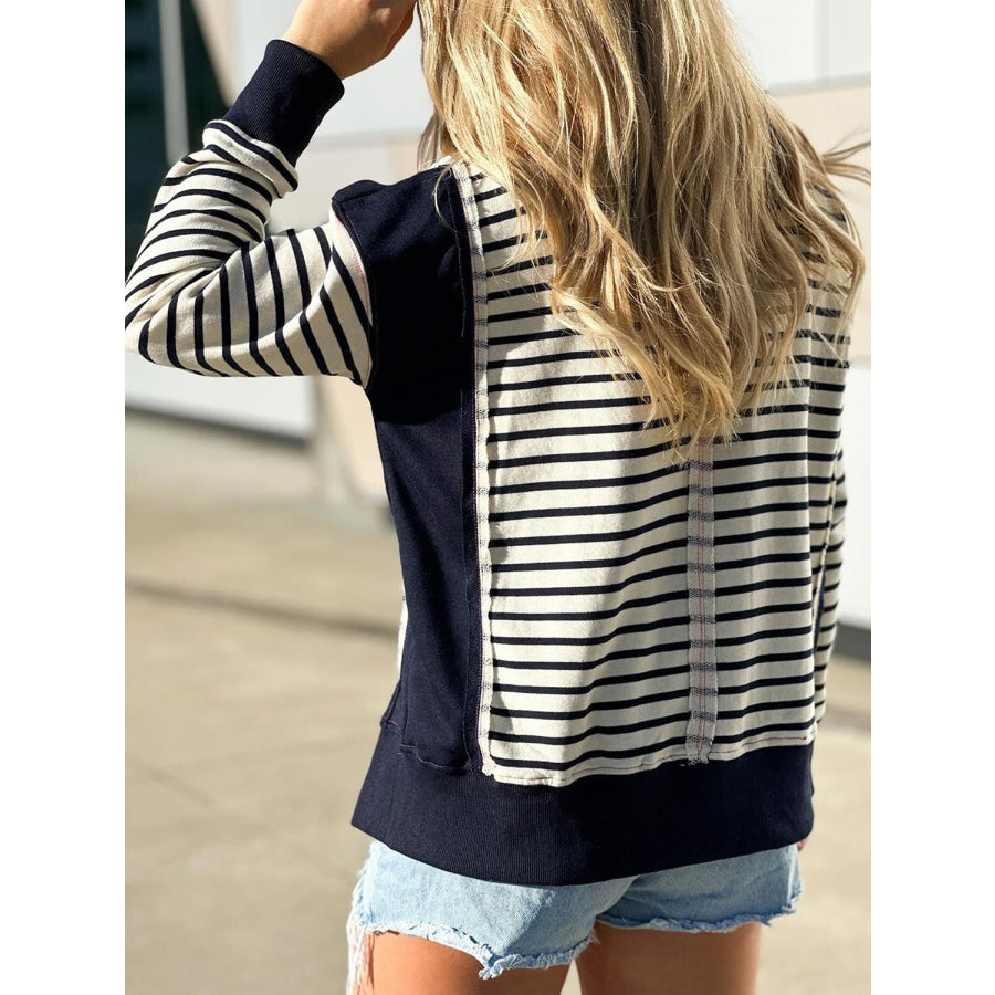 Slit Exposed Seam Striped Long Sleeve Sweatshirt Apparel and Accessories