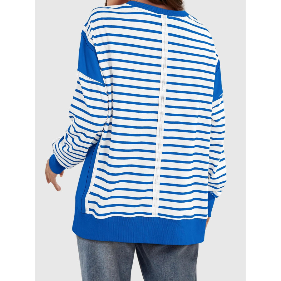 Slit Exposed Seam Striped Long Sleeve Sweatshirt Apparel and Accessories