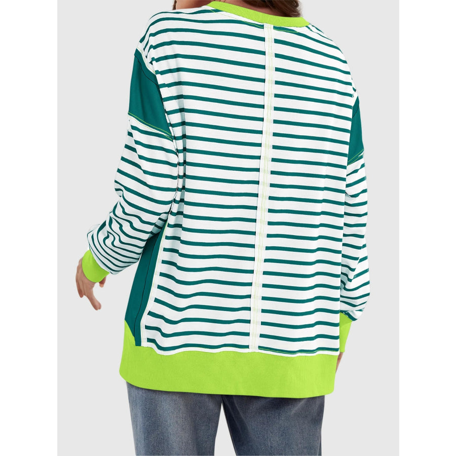 Slit Exposed Seam Striped Long Sleeve Sweatshirt Apparel and Accessories