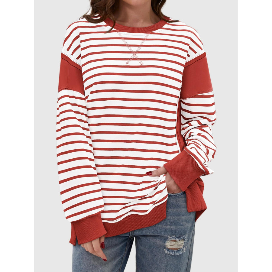 Slit Exposed Seam Striped Long Sleeve Sweatshirt Apparel and Accessories