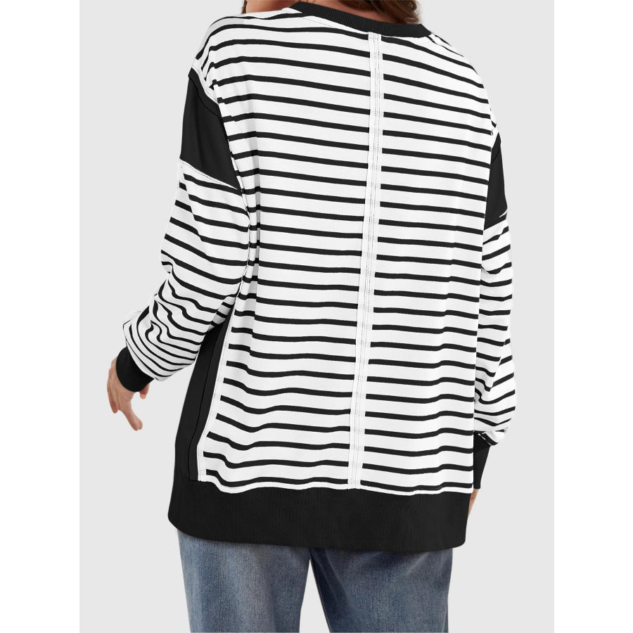 Slit Exposed Seam Striped Long Sleeve Sweatshirt Apparel and Accessories