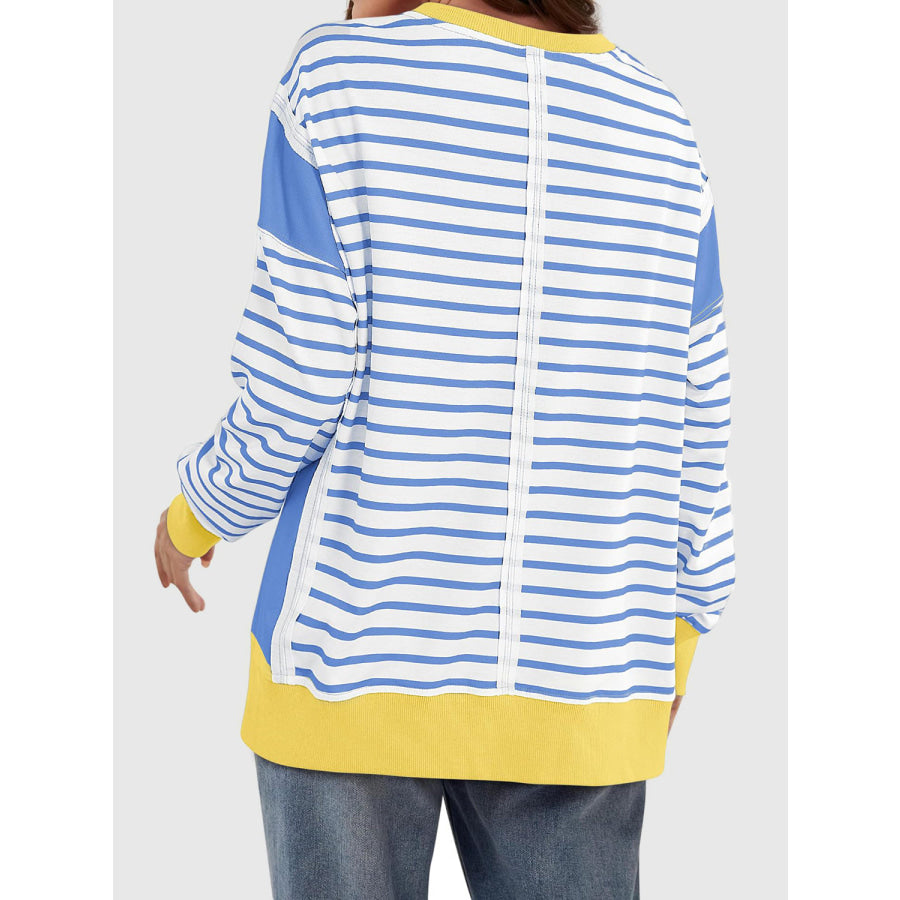 Slit Exposed Seam Striped Long Sleeve Sweatshirt Apparel and Accessories