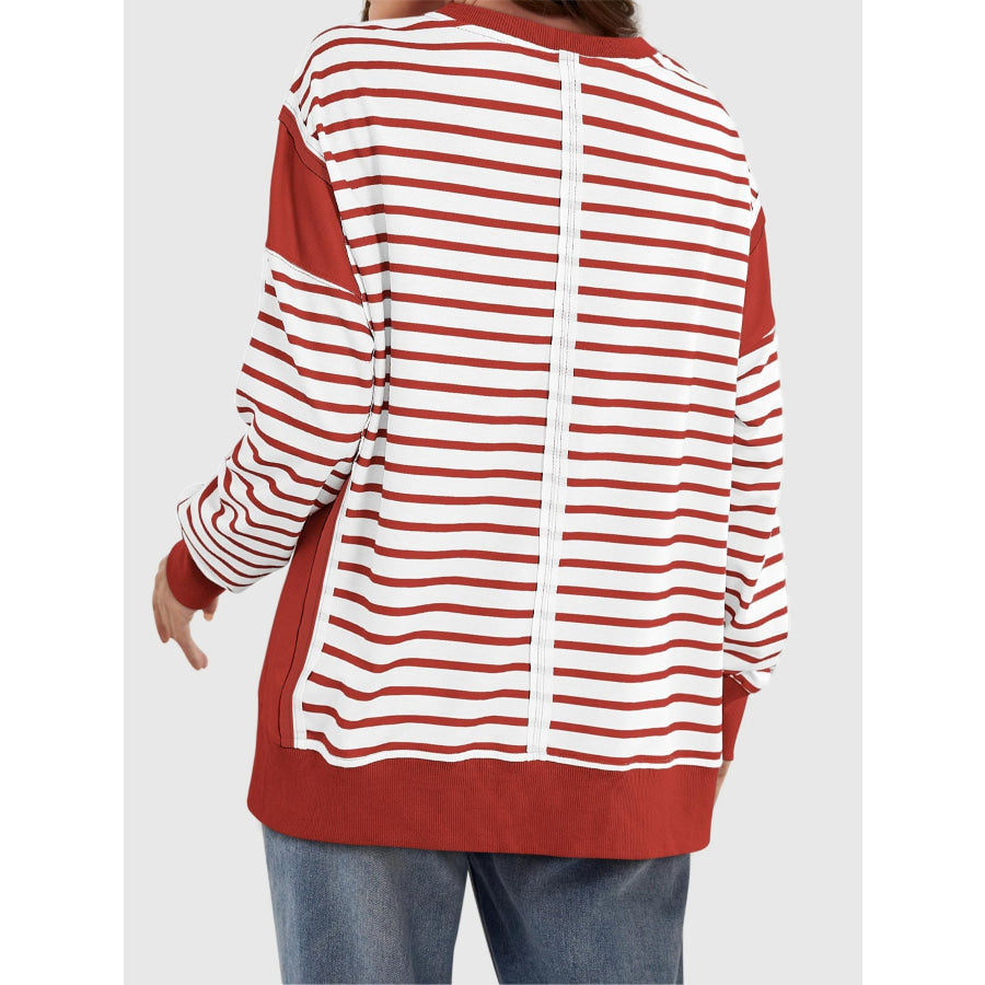 Slit Exposed Seam Striped Long Sleeve Sweatshirt Apparel and Accessories