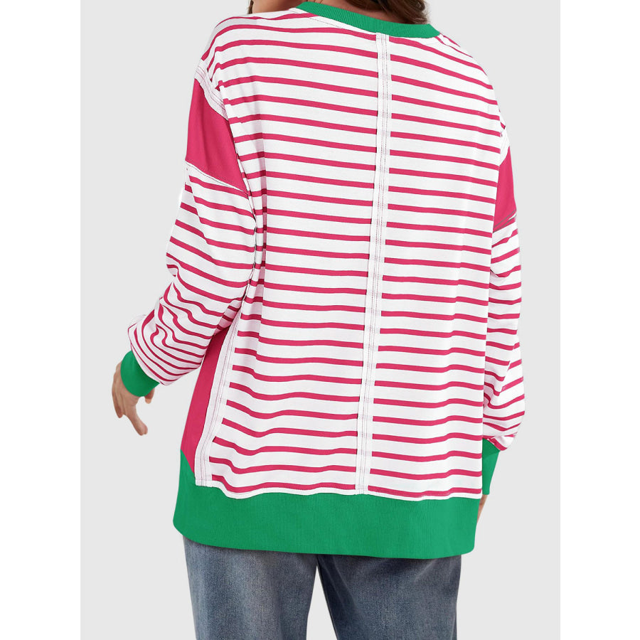 Slit Exposed Seam Striped Long Sleeve Sweatshirt Apparel and Accessories