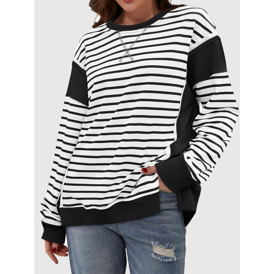 Slit Exposed Seam Striped Long Sleeve Sweatshirt Apparel and Accessories