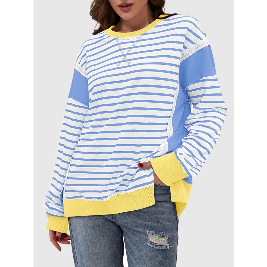 Slit Exposed Seam Striped Long Sleeve Sweatshirt Apparel and Accessories