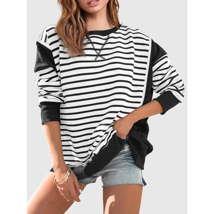 Slit Exposed Seam Striped Long Sleeve Sweatshirt Black / S Apparel and Accessories