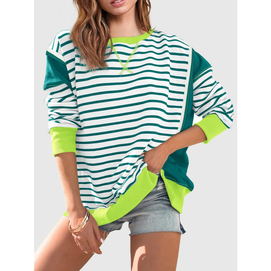 Slit Exposed Seam Striped Long Sleeve Sweatshirt Neon Green / S Apparel and Accessories