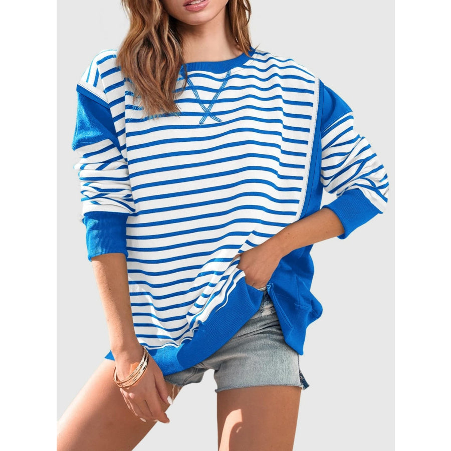 Slit Exposed Seam Striped Long Sleeve Sweatshirt Royal Blue / S Apparel and Accessories