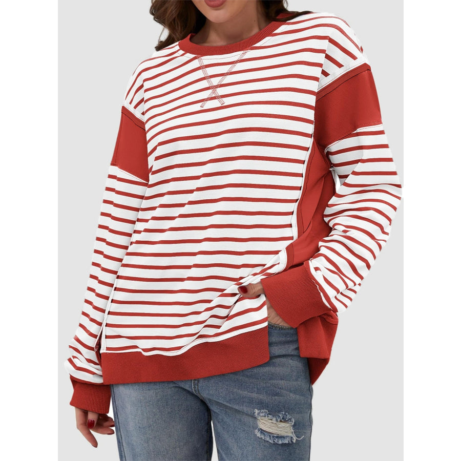 Slit Exposed Seam Striped Long Sleeve Sweatshirt Rust / S Apparel and Accessories