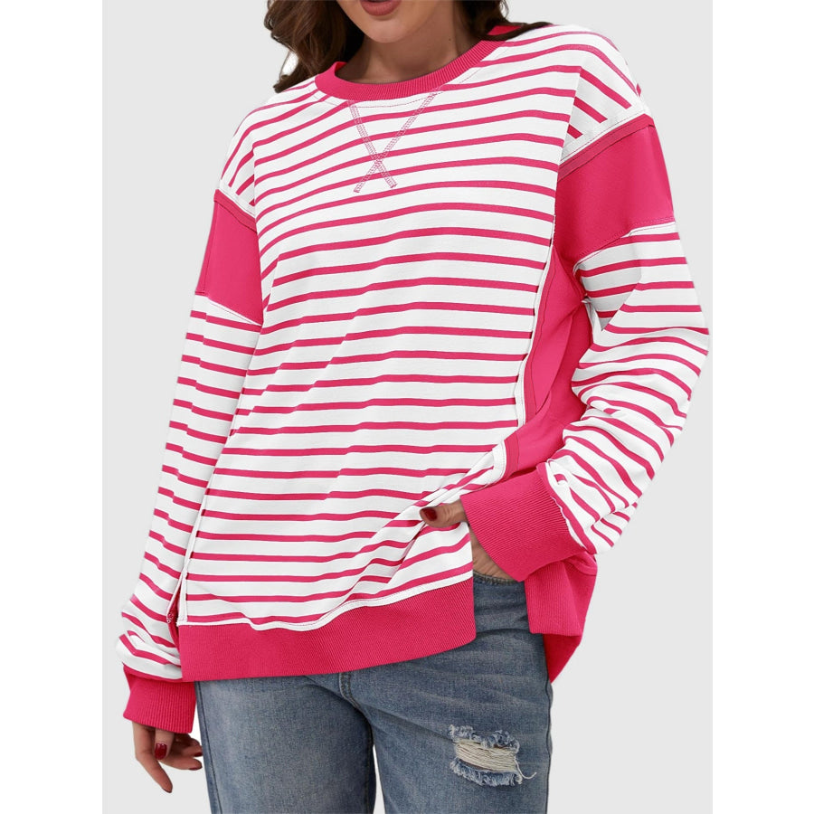 Slit Exposed Seam Striped Long Sleeve Sweatshirt Strawberry / S Apparel and Accessories