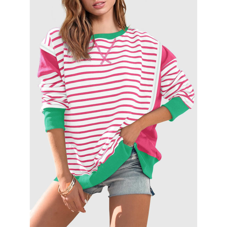 Slit Exposed Seam Striped Long Sleeve Sweatshirt Turquoise / S Apparel and Accessories