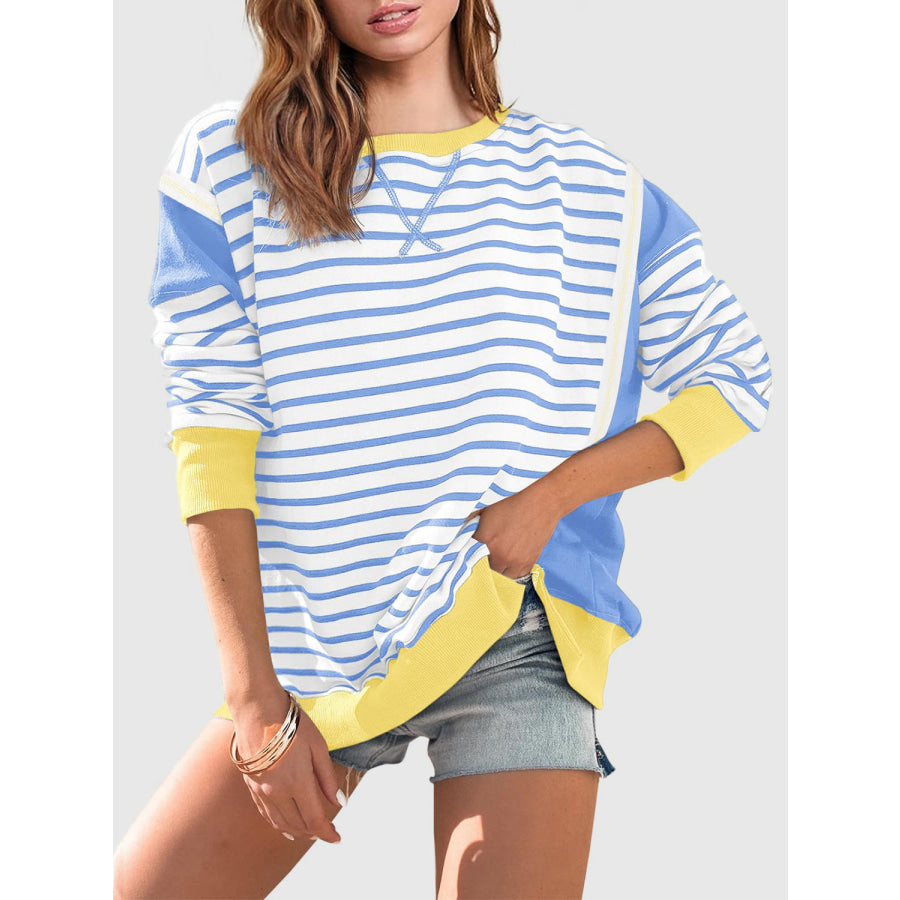 Slit Exposed Seam Striped Long Sleeve Sweatshirt Yellow / S Apparel and Accessories