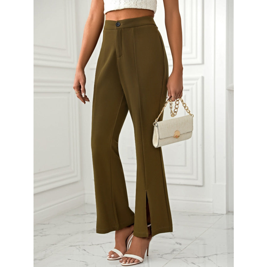 Slit Flare Pants with Pockets Olive Brown / XS Apparel and Accessories