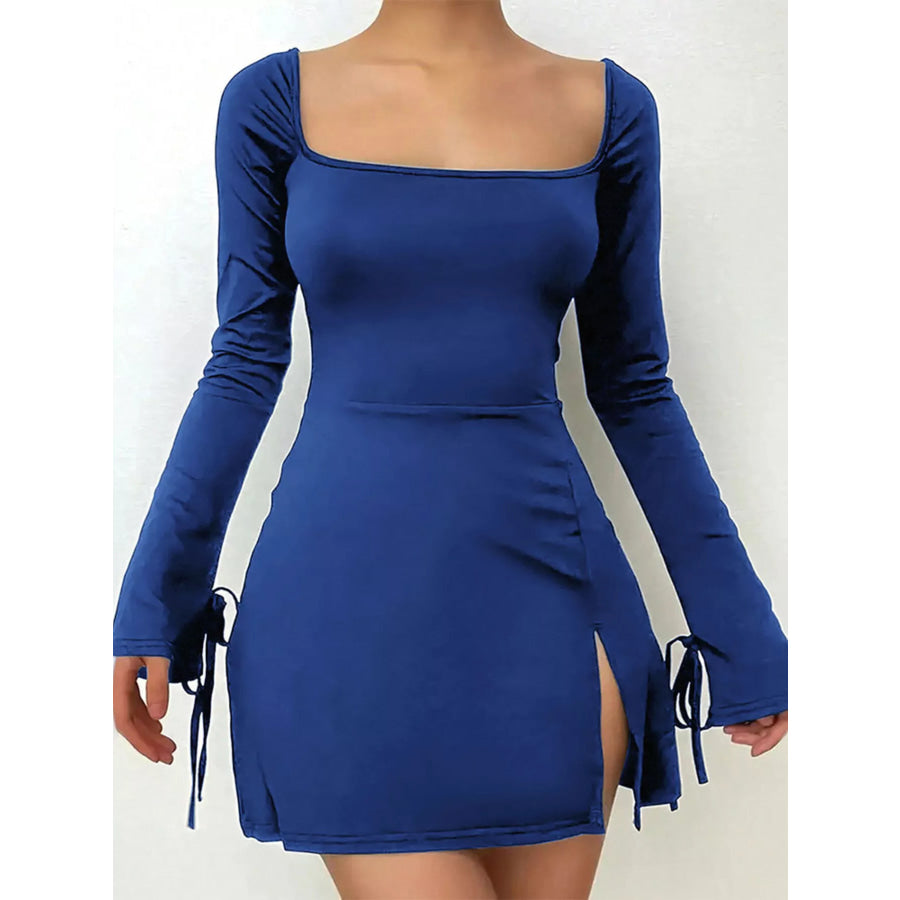 Slit Flare Sleeve Mini Dress Blue / S Apparel and Accessories