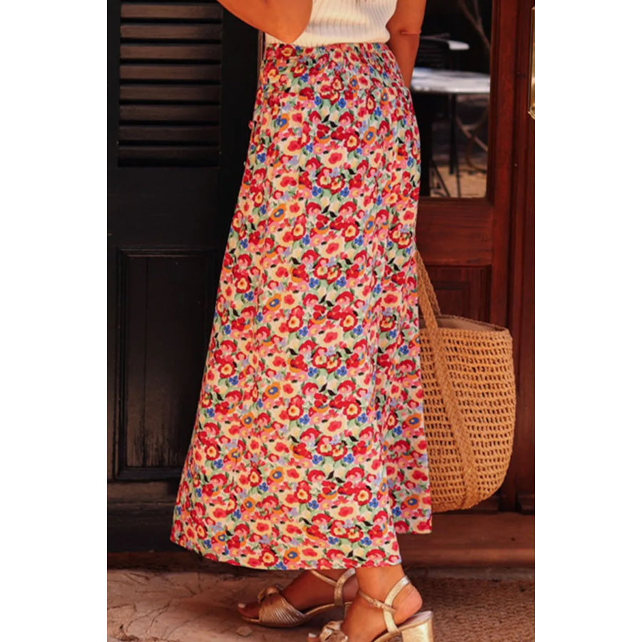 Slit Floral Midi Skirt Floral / S Apparel and Accessories