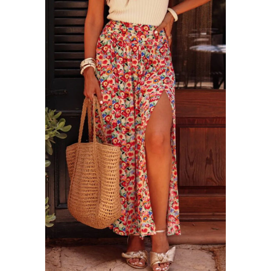 Slit Floral Midi Skirt Floral / S Apparel and Accessories