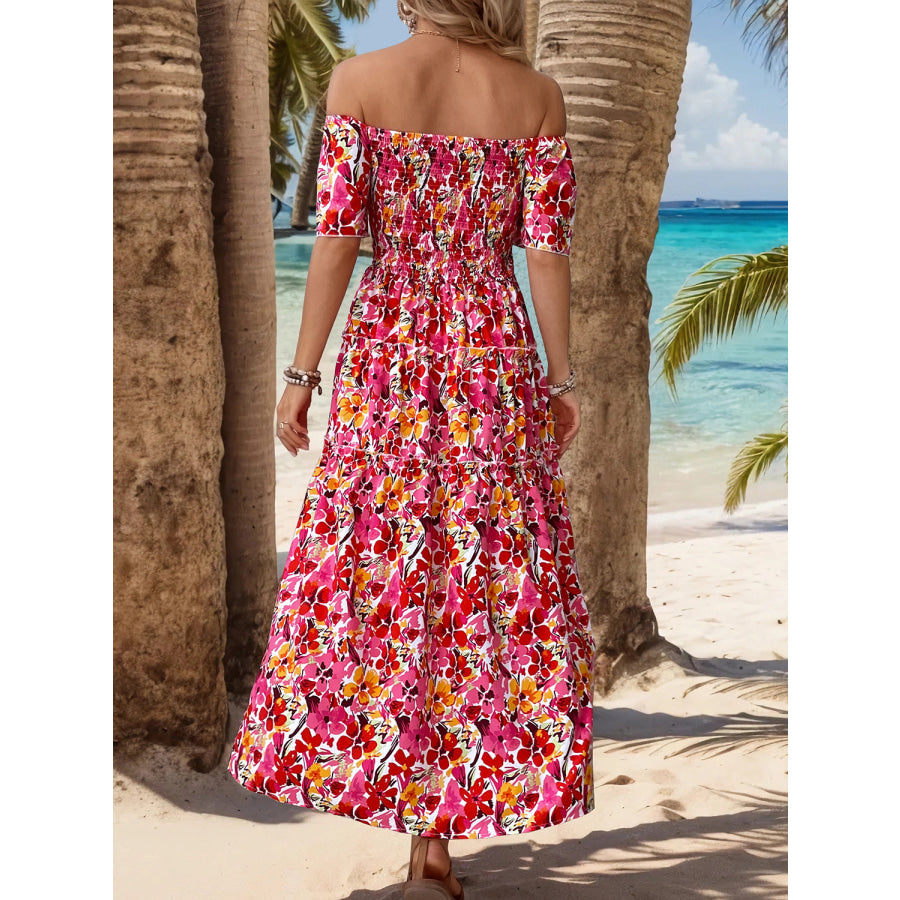 Slit Floral Off - Shoulder Short Sleeve Dress Apparel and Accessories