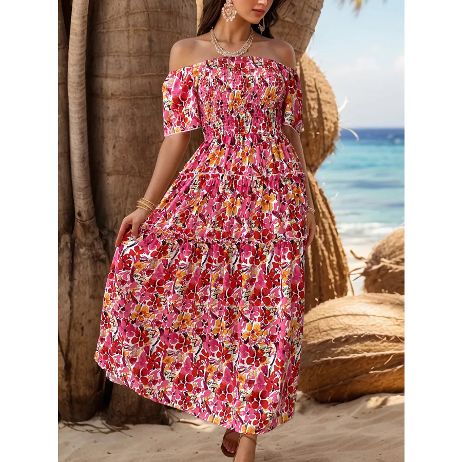 Slit Floral Off - Shoulder Short Sleeve Dress Apparel and Accessories