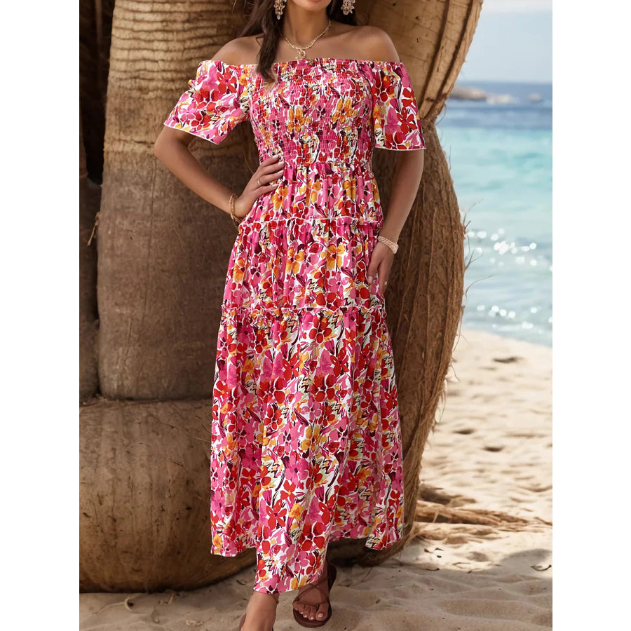 Slit Floral Off - Shoulder Short Sleeve Dress Apparel and Accessories