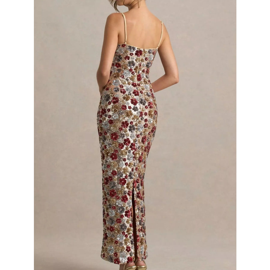 Slit Floral Sequin Bodycon Maxi Dress Apparel and Accessories