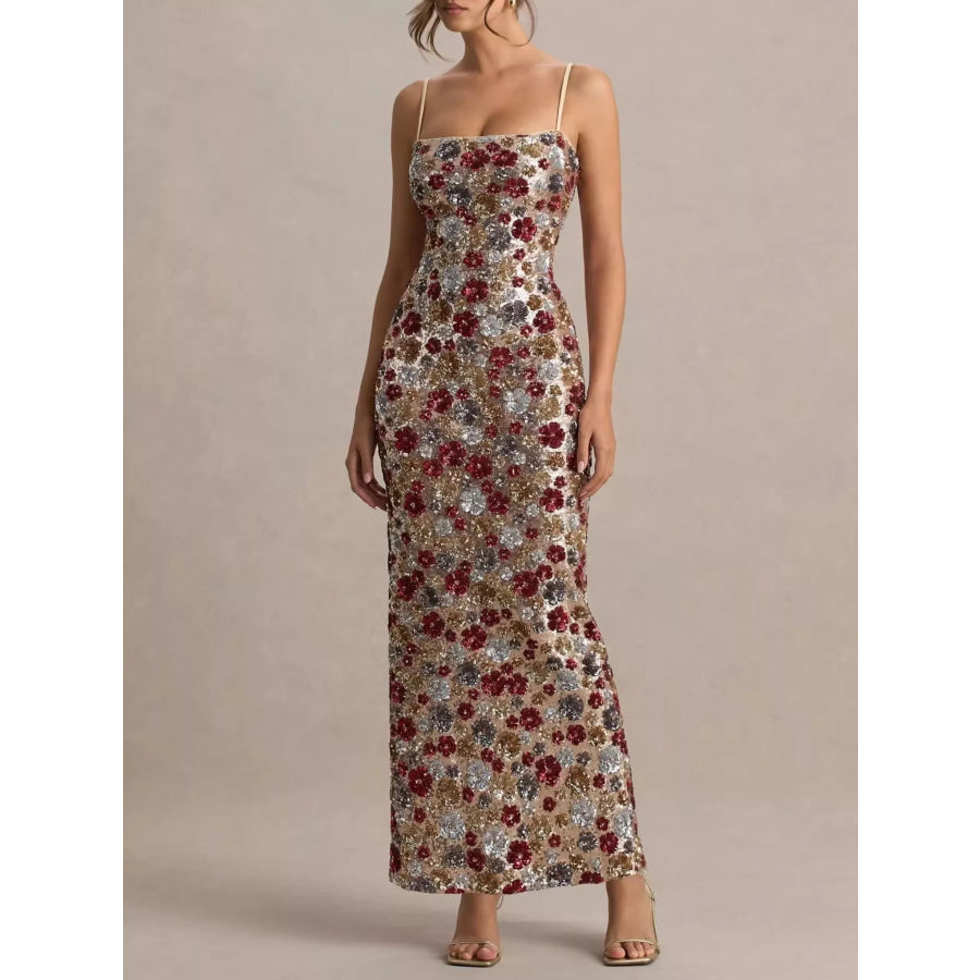 Slit Floral Sequin Bodycon Maxi Dress Apparel and Accessories