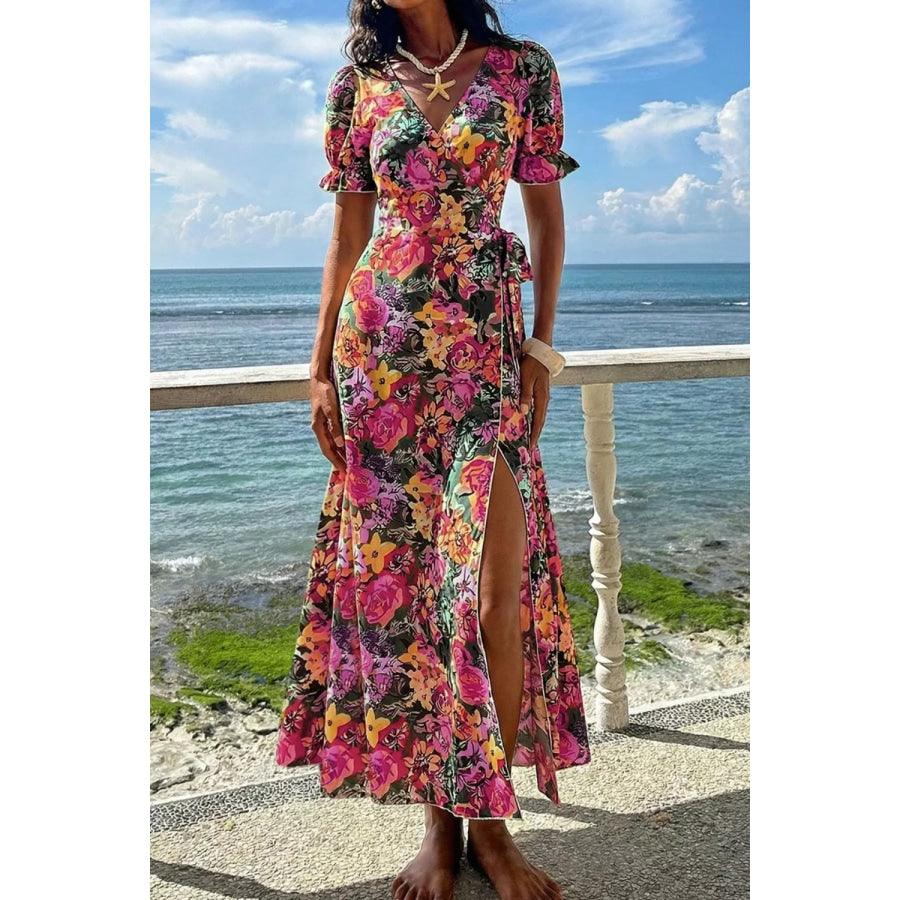 Slit Floral Short Sleeve Maxi Dress Apparel and Accessories