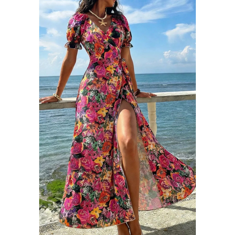 Slit Floral Short Sleeve Maxi Dress Apparel and Accessories