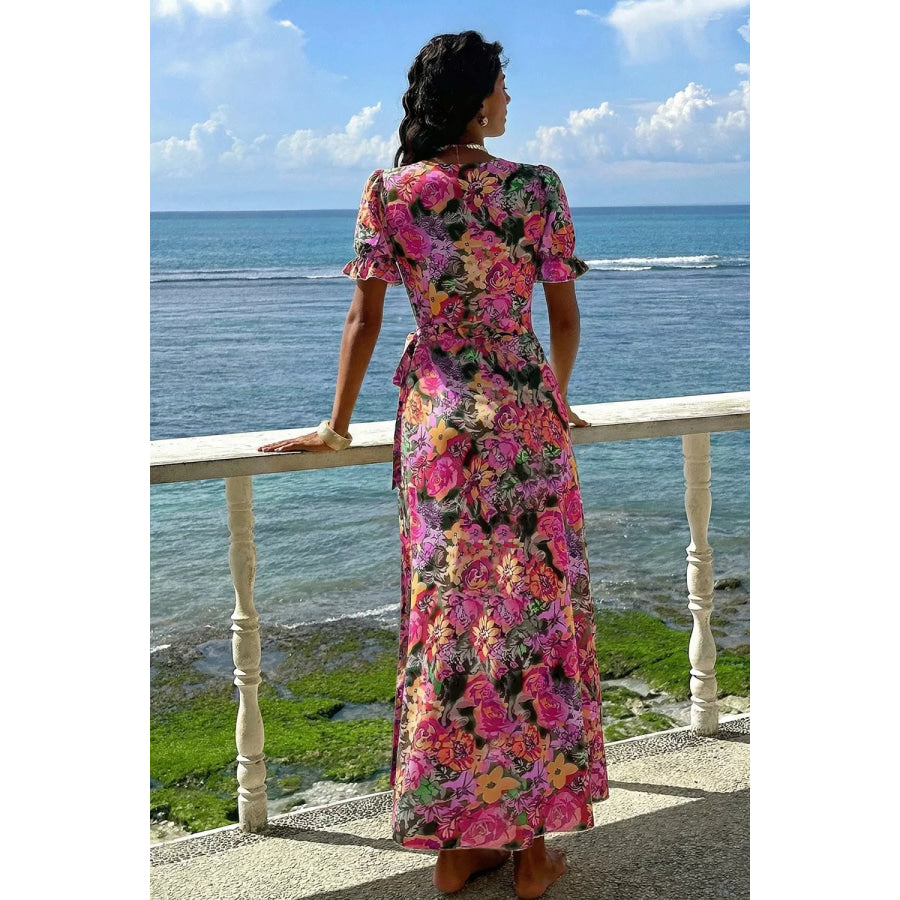 Slit Floral Short Sleeve Maxi Dress Apparel and Accessories