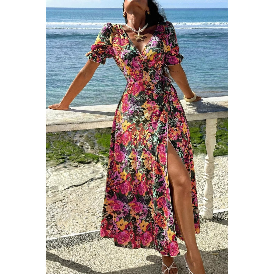 Slit Floral Short Sleeve Maxi Dress / S Apparel and Accessories