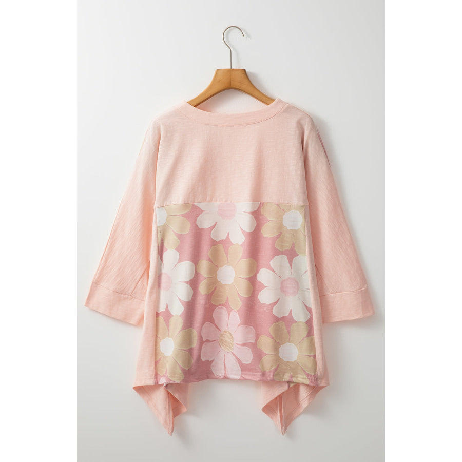 Slit Floral V-Neck Three-Quarter Sleeve Blouse Apparel and Accessories