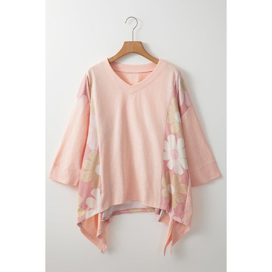 Slit Floral V-Neck Three-Quarter Sleeve Blouse Apparel and Accessories