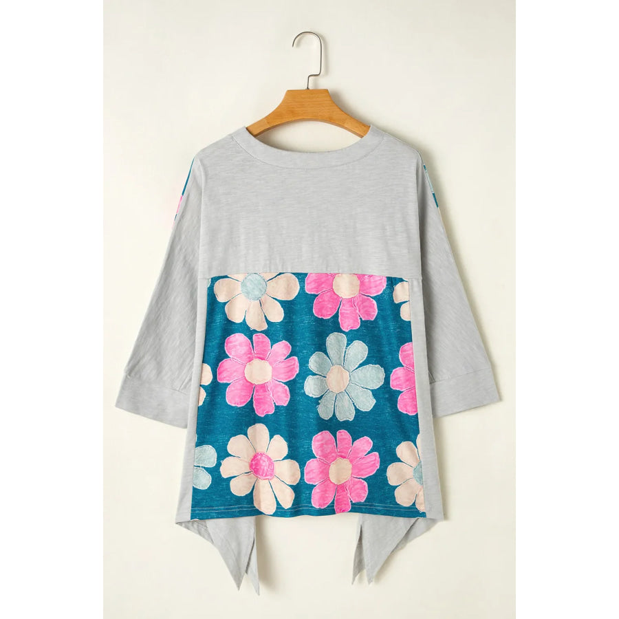 Slit Floral V-Neck Three-Quarter Sleeve Blouse Apparel and Accessories