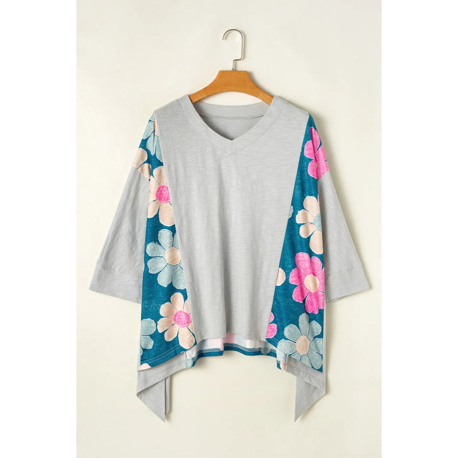 Slit Floral V-Neck Three-Quarter Sleeve Blouse Apparel and Accessories