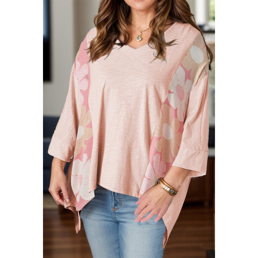 Slit Floral V-Neck Three-Quarter Sleeve Blouse Blush Pink / S Apparel and Accessories