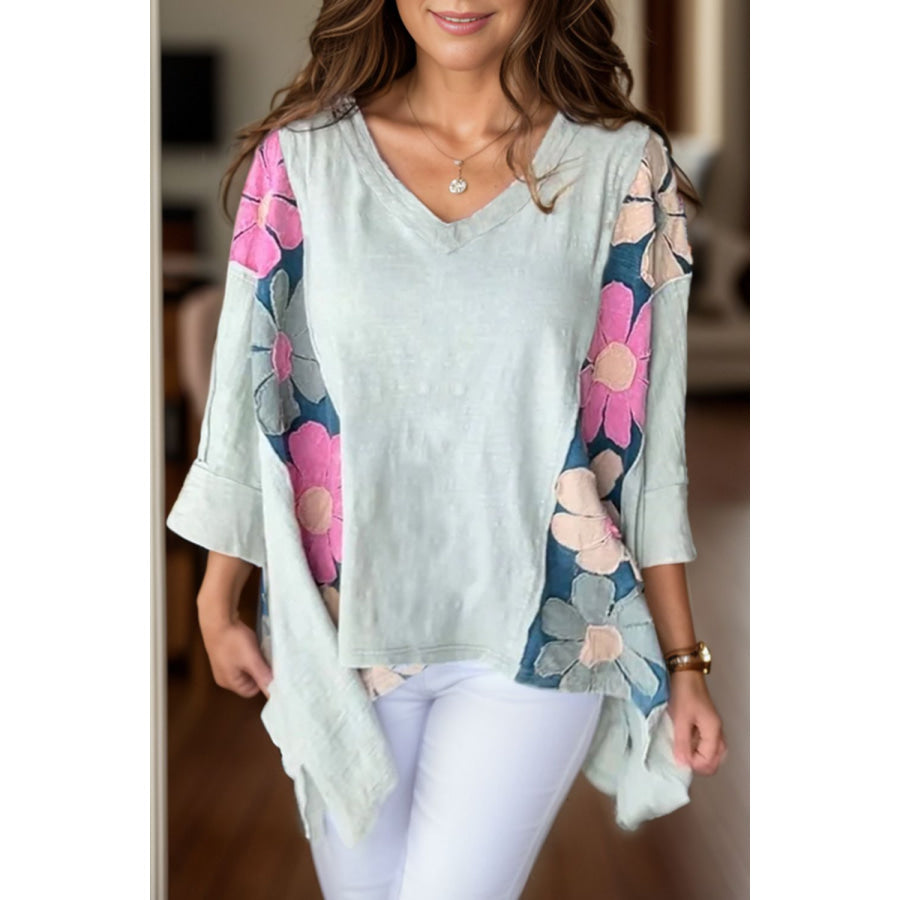 Slit Floral V-Neck Three-Quarter Sleeve Blouse Light Green / S Apparel and Accessories