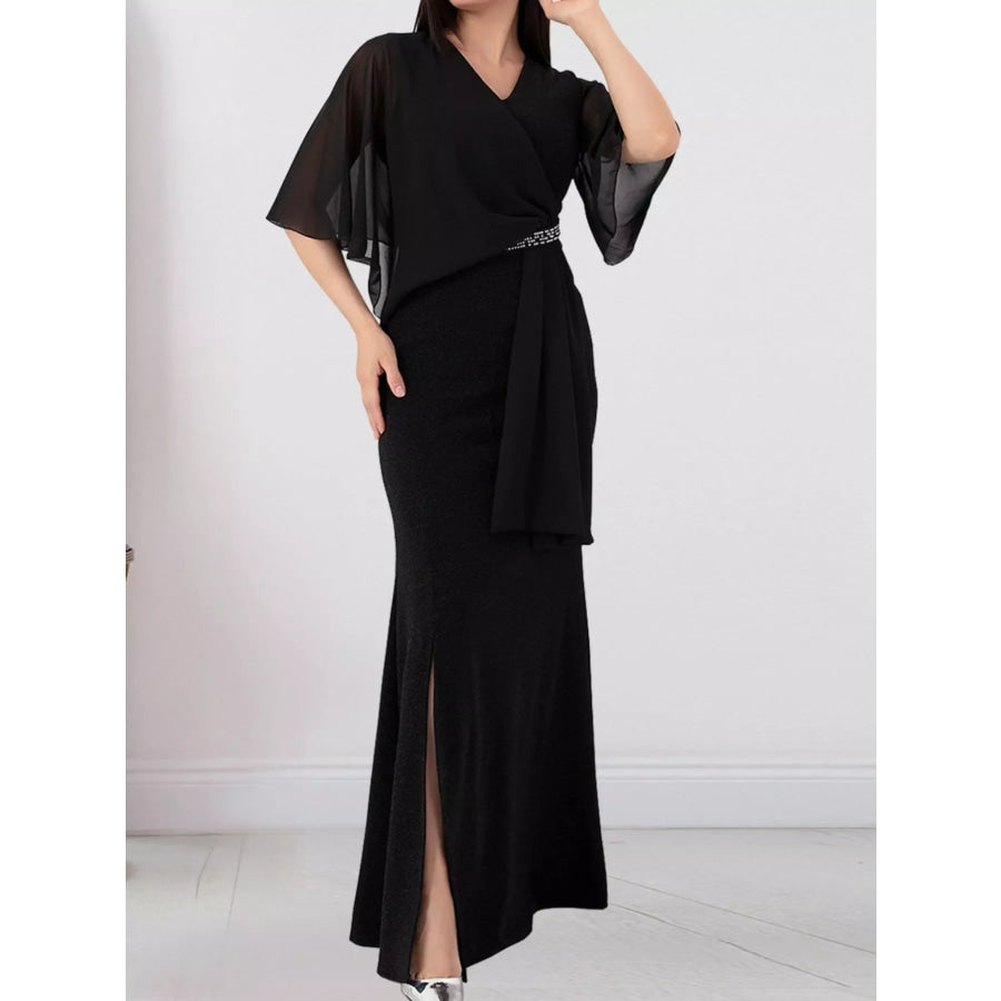 Slit Flutter Sleeve Maxi Dress Black / S Apparel and Accessories