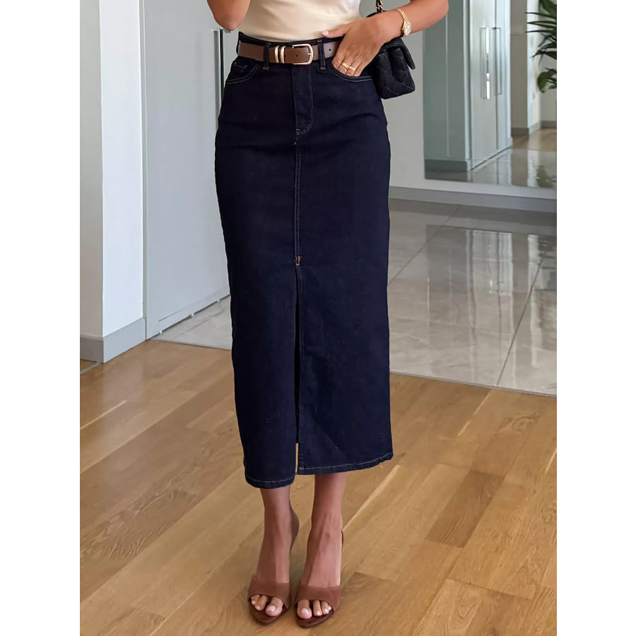 Slit Front Denim Skirt Dark Blue / S Apparel and Accessories