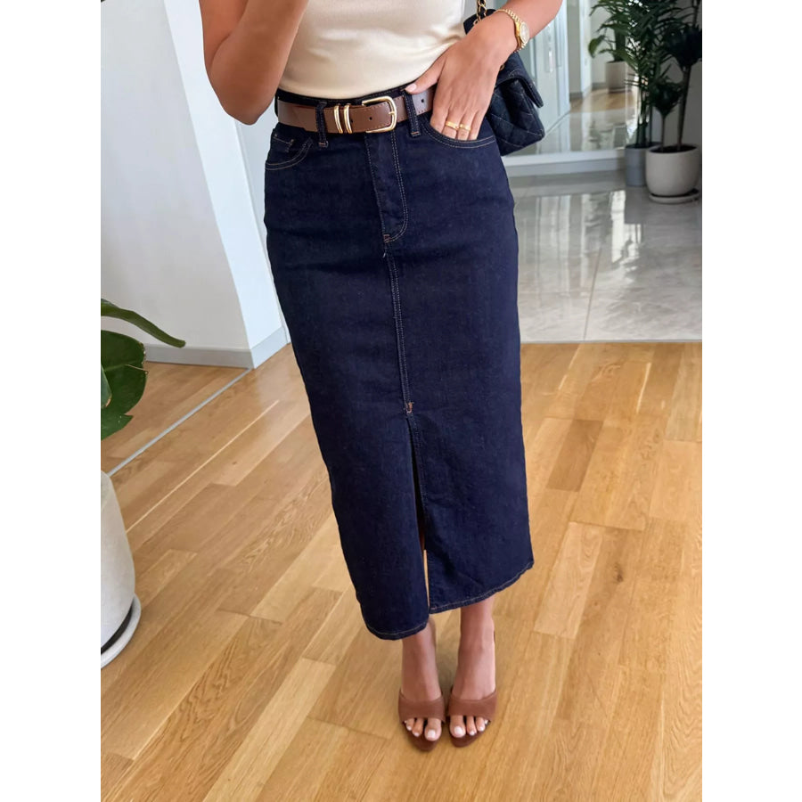 Slit Front Denim Skirt Dark Blue / S Apparel and Accessories