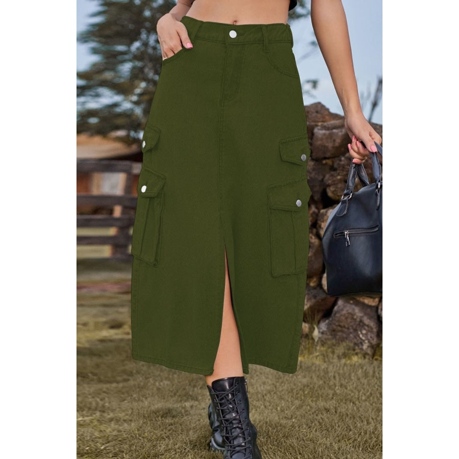 Slit Front Midi Denim Skirt with Pockets Army Green / S