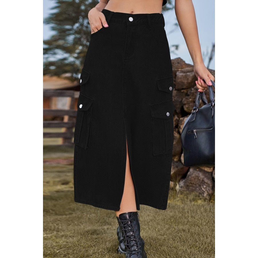 Slit Front Midi Denim Skirt with Pockets Black / S