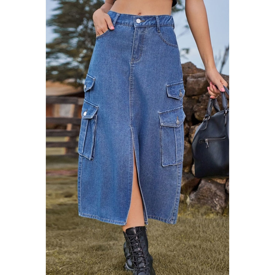 Slit Front Midi Denim Skirt with Pockets Medium / S
