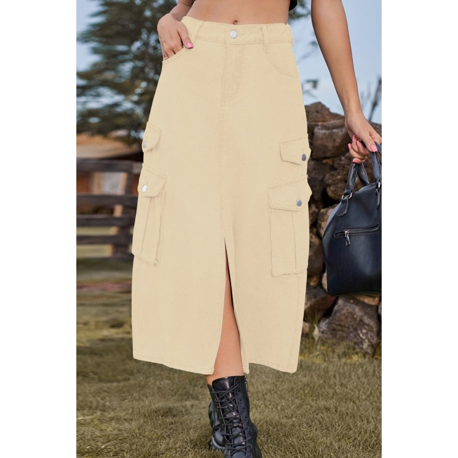Slit Front Midi Denim Skirt with Pockets Sand / S