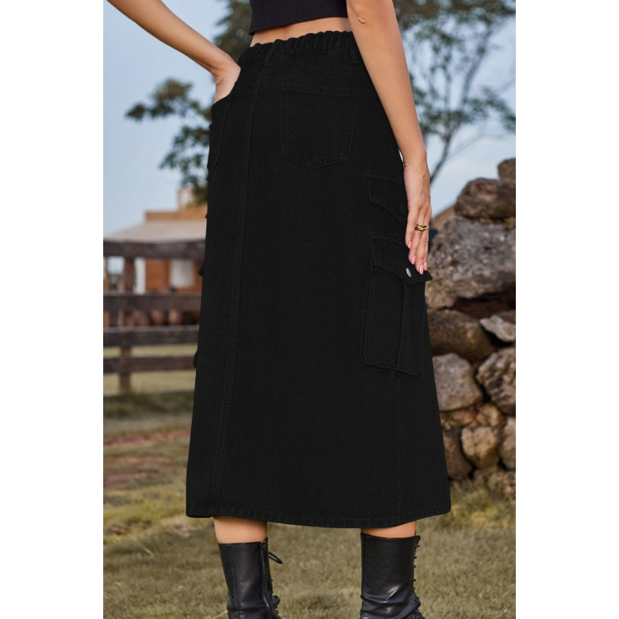 Slit Front Midi Denim Skirt with Pockets