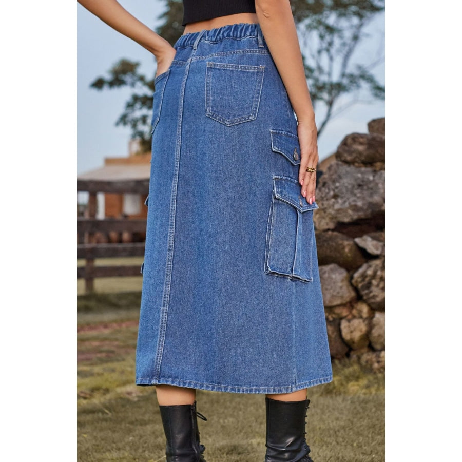 Sandee Rain Boutique - Slit Front Midi Denim Skirt with Pockets