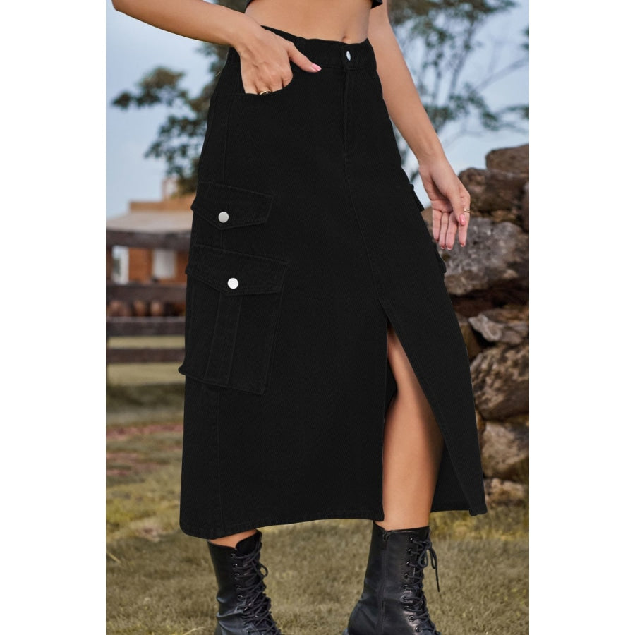 Slit Front Midi Denim Skirt with Pockets