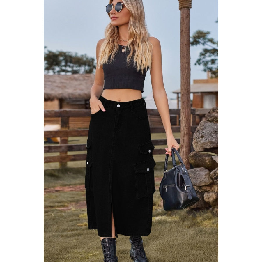 Sandee Rain Boutique - Slit Front Midi Denim Skirt with Pockets