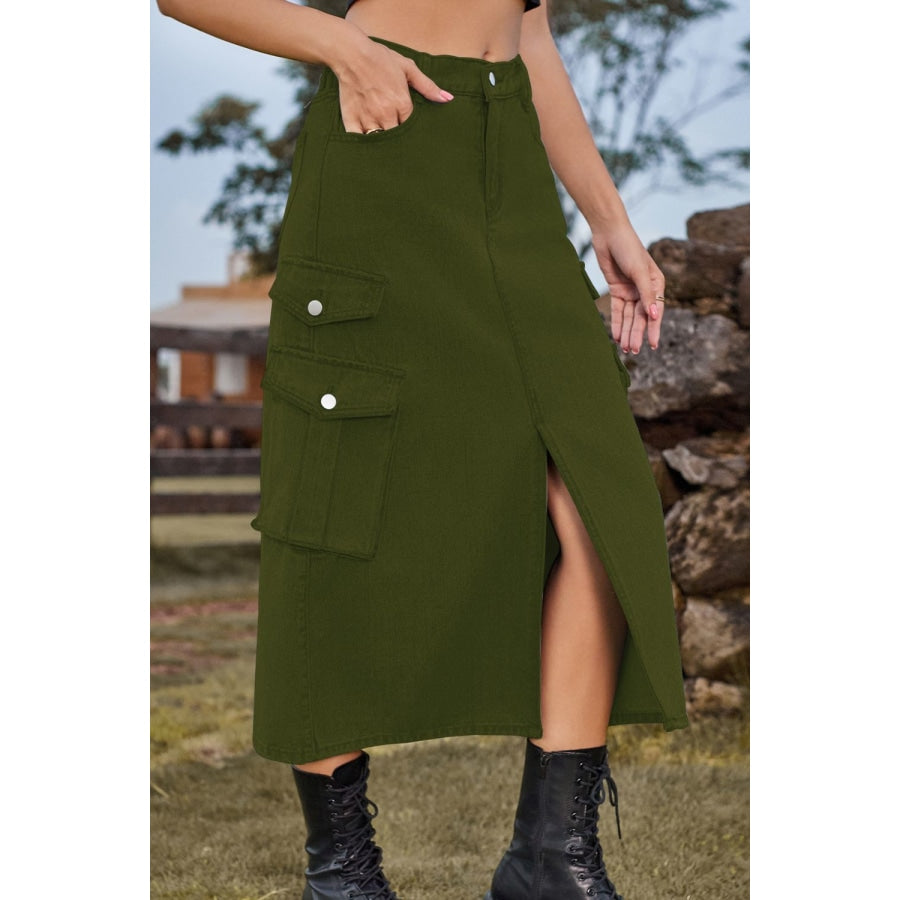 Slit Front Midi Denim Skirt with Pockets
