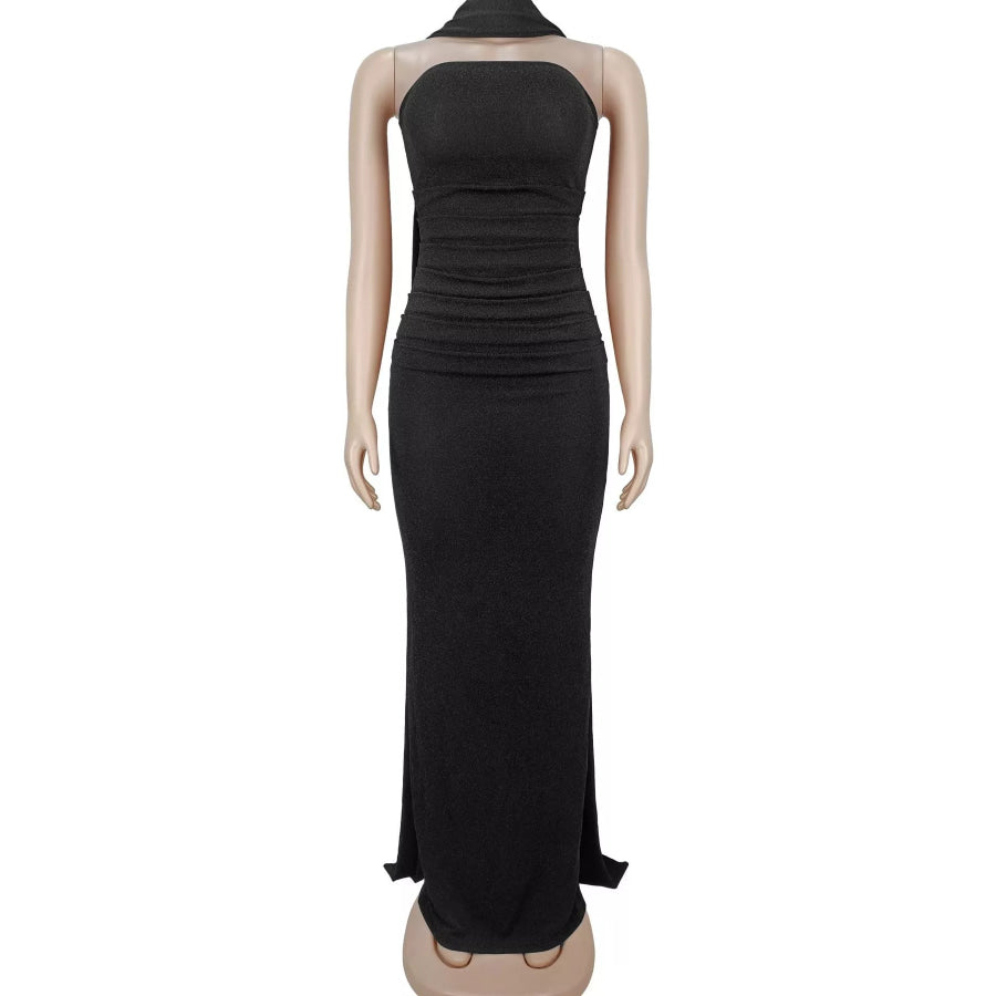 Slit Glitter Tube Maxi Dress with Scarf Apparel and Accessories