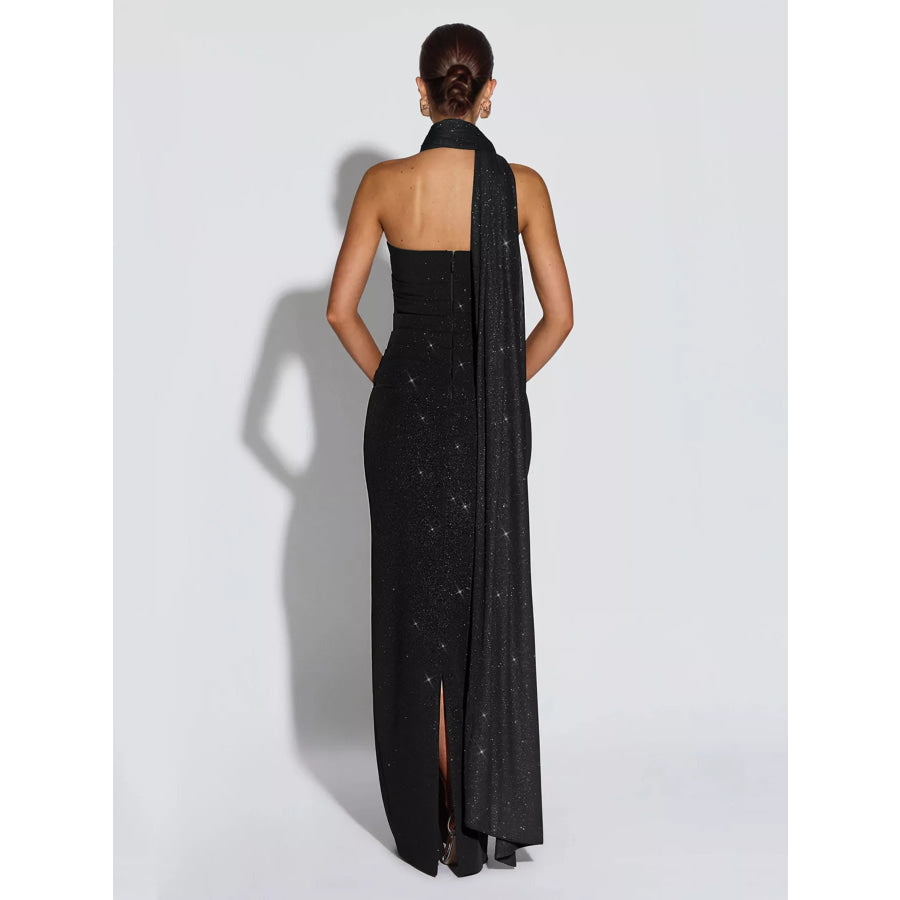 Slit Glitter Tube Maxi Dress with Scarf Apparel and Accessories